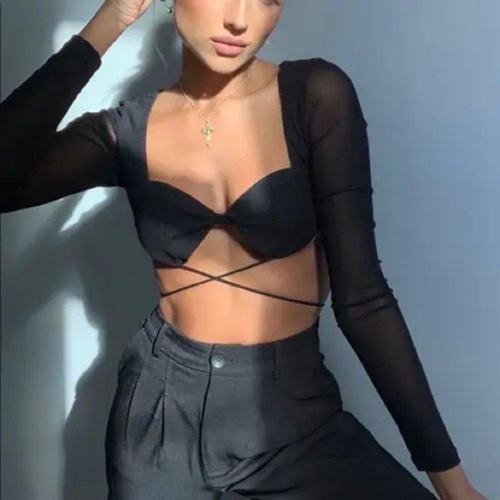 COPY - PRINCESS POLLY - Black mesh long sleeve bra top